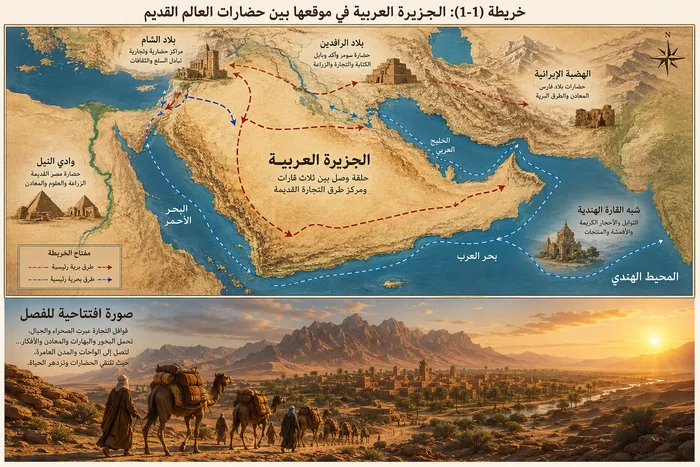 خريطة مواقع العصر الحجري الحديث وتطور المسكن والخط الزمني في الجزيرة العربية